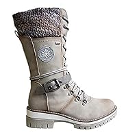 Women Buckle Lace Knitted Mid-Calf Boots Low Heel Round Toe Boots, Buckle Decor Lace Up Design Side Zipper Combat Boots, Arch Support Winter Outdoor Warm Middle Tube Boots Shoes