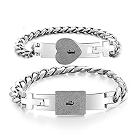 2 Pcs Silver Stainless Steel Love Heart Lock Bracelet with Lock Key Bangles Kit,Couple Jewelry Sets Gift
