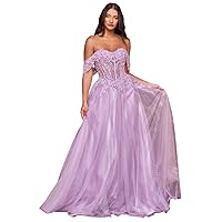 Sparkly Tulle Prom Dresses for Women Off Shoulder A Line Evening Dress Lace Appliques Glitter Formal Gown ZJF08