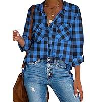 HOTOUCH Women's Long Roll Up Sleeve Cotton Flannels Plaid Shirts Classic Fit Button Down Shirt Blouses with Pockets