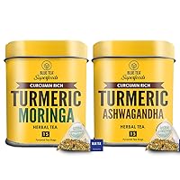 BLUE TEA- Combo Pack - Turmeric Moringa Tea & Turmeric Ashwagandha Tea - 30 Pyramid Tea Bags || SUPERFOOD || Rich in Curcumin - Spiced Herbal Immunity Booster Tea | Plastic-Free, GMO Free, Vegan