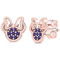 Round Cut Amethyst Cubic Zirconia 925 Sterling Sliver Fashion With Mini Mouse Stud Earrings For Teen Girls,Girls and Women's Valentine's Day Gift