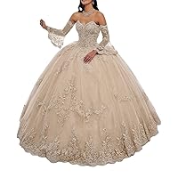 Women's Long Sleeve Sweetheart Quinceanera Dresses Lace Appliques Beaded Ball Gown