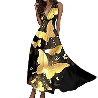 Beach Dresses for Women 2024 Summer Trendy Vacation Floral Print Sleeveless Wrap V Neck Sundresses Flowy A Line Maxi Dress