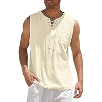 Mens Cotton Linen Tank Tops Beach Casual Sleeveless Shirts Hippie Henley Tank Tops Renaissance Pirate Tunic