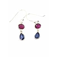 Blue Sapphire & Ruby In 925 Sterling Silver Drop Dangle Earring, Beautiful Light Weight Earring For Everyday Use, September Birthstone Jewelry, Best Earring For Christmas, Wedding, Anniversary, Birthday Gift With Ring Box