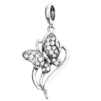 Sterling Silver Clear Cubic Zirconia Butterfly Dangle European Style Bead Charm