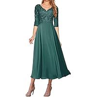 Lace Mother of The Bride Dresses for Wedding V Neck Chiffon Bridesmaid Dresses Tea Length