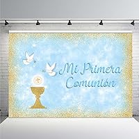 MEHOFOND 8x6ft Boy Baptism Backdrop Mi Primera Comunion Christening Banner Gold Glitter Chalice Doves Holy Blue Photography Background God Bless First Holy Communion Party Baby Photo Booth Props