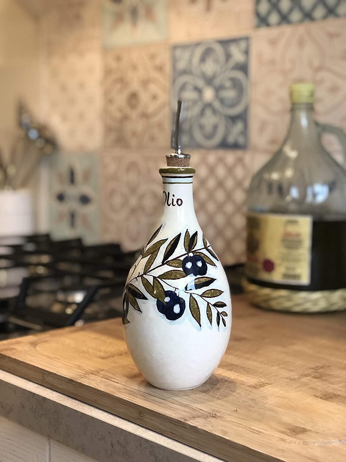 CERAMICHE D'ARTE PARRINI - Italian Ceramic Art Pottery Dispenser Oil Cruet Bottle Without Handle Hand Painted Decorated Olives Country Made in ITALY Tuscan