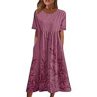 Womens Dresses 2024 Short Sleeve Crew Neck Printed Midi Dress High Waist Pleated Baggy Party Dresses for Wedding