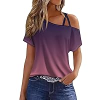 Blouses for Women Dressy Casual,Off The Shoulder Tops for Women Short Sleeve One Shoulder Shirts Criss-Cross Solid Color Gradient Print Sexy Blouse Womens Easter Short Sleeve Tops