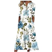 Summer Dresses for Women Casual V Neck Button Up Tunic Dresses Short Sleeve Floral Loose Beach Sundress Maxi Dress