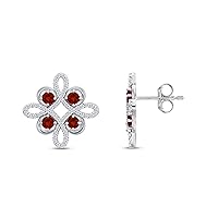14K White Gold Over Sterling Silver Round Cut Simulated Birthstone & 1/4 Carat Natural Diamond Stud Earrings (0.25 Cttw, I2-I3 Clarity)