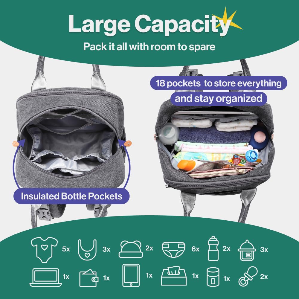BabbleRoo Diaper Bag Backpack - Baby Essentials Travel Tote - Multi function Waterproof Diaper Bag, Travel Essentials Baby Bag with Changing Pad, Stroller Straps & Pacifier Case - Unisex, Dark Gray
