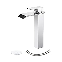 BWE Bathroom Faucet with Drain Assembly and Supply Hose Lavatory Waterfall Vessel Sink Faucet Single Handle Mixer Tap Deck Mounted Chrome