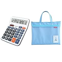 Desktop Calculator and Mesh Zipper Pouch Bundle, 11x13.7in Large Double Pocket Waterproof File Bag with Handle, 5In Clear LCD Display Auto Sleep Calculator