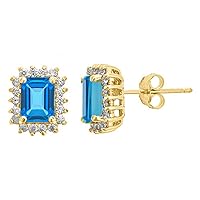14k Yellow Gold Emerald Cut Blue Topaz & Brilliant Round Diamond Halo Stud Earrings