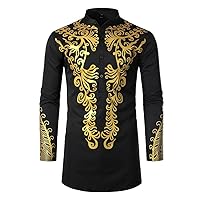 Mens African Dashiki Shirts Luxury Metallic Gold Printed Button Down Tops Traditional Tribal Style Pullover Tops