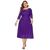 IMEKIS Plus Size 3/4 Sleeve Floral Lace Cocktail Dress for Women Sexy Scoop Neck Wedding Guest Midi Dress with Pockets