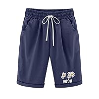 Bermuda Shorts for Women Plus Size Cotton Linen Elastic High Waist Drawstring Exercise Pants Knee Length Lounge Long Shorts