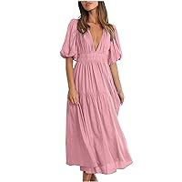 Smocked High Waist A-Line Women's Summer Deep V Neck Puff Half Sleeve Midi Dresses Tiered Flowy Solid Beach Dress
