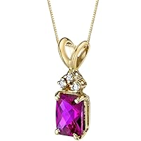 PEORA Created Ruby with Genuine Diamond Pendant in 14 Karat Yellow Gold, Elegant Solitaire, Radiant Cut, 7x5mm, 1.30 Carats total
