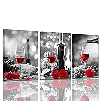 Wine Decor Kitchen Canvas Art Red Wine Rose Artwork for Home Walls Black and White With Red Wine Painting Printed Rose Art Dining Room Decor Red Kitchen Pictures Wall Decor Stretched 12x16inchx3