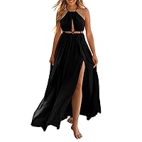 BTFBM Women 2024 Summer Sleeveless Halter Maxi Dress Cutout Backless Slit Boho Party Cocktail Casual Beach Sun Dresses