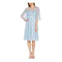 Adrianna Papell Womens Blue Sequined Zippered Lined Elbow Sleeve Illusion Neckline Knee Length Party Fit + Flare Dress 8