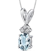 PEORA Solid 14K White Gold Aquamarine and Diamonds Pendant for Women, Genuine Gemstone Birthstone Dainty Solitaire, Oval Shape, 7x5mm