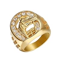 Men's Stainless Steel Vintage Hip Hop Punk Iced Out Round CZ Horse Biker Ring