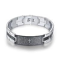 Mens Bracelet Stainless Steel English Lords Prayer Religious Bibe Cross Link Wristband, 8.27 Inch