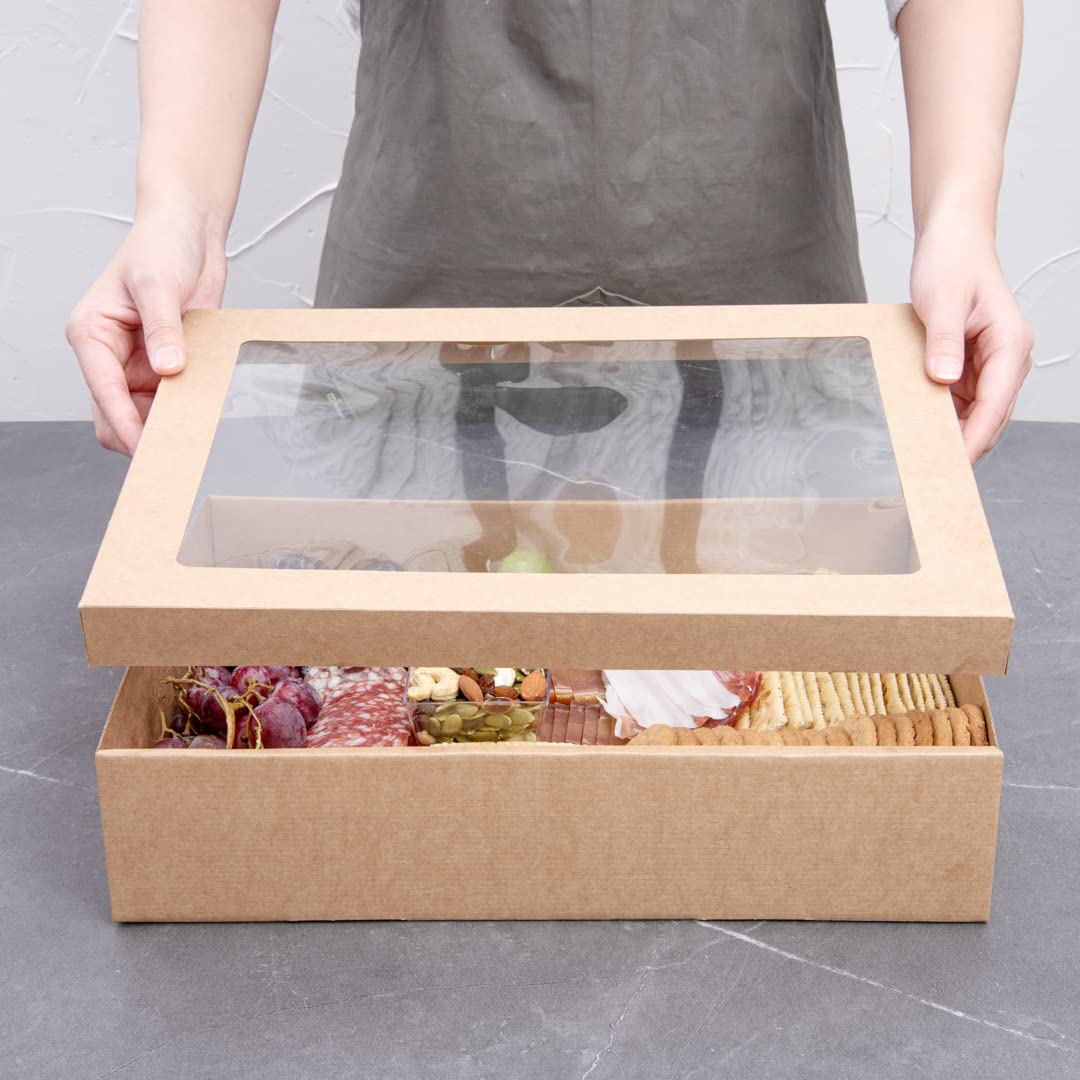 Cater Tek 14.3 x 10 x 3.2 Inch Baked Goods Boxes, 100 Insert Tab Lock Window Pastry Boxes - Window Lids, Easy Assembly, Kraft Paper Catering Boxes, For Charcuterie Or Catered Meals - Restaurantware