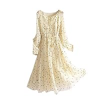 Polka Dot Real Silk Dress,Summer Wear with O-Neck and Lace Up Design