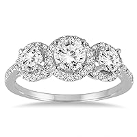 1 1/3 Carat TW Diamond Three Stone Halo Ring in 14K White Gold