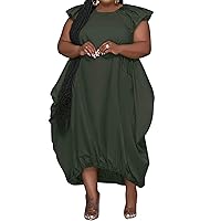 IyMoo Women's Plus Size Dresses Casual Solid Color Loose Ruffle Short Sleeve Long Maxi Dress with Pockets