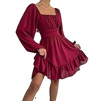 Women's Dress Dresses for Women Knot Back Lantern Sleeve Ruffle Hem Dress Dresses for Women (Color : Burgundy, Size : Small)
