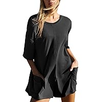 Flygo Women's Romper Short Sleeve Tee Rompers Crewneck Jumpsuit Back V Neck Casual Hot Shot One Piece Outfits with Pockets