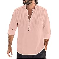 Men's Cotton Linen Shirts V-Neck Long Sleeve Pleated Blouses Summer Button Down Henley Shirt Loose Vacation Tops