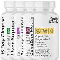 Youth & Tonic 4X Body Detox and Cleanse for Women & Men with Liver Support, Kidney and Colon Cleanse and CandEase Matrix. 180 Pills