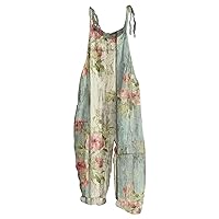 Women's Shoulder Strap Jumpsuit 2024 Fashion Print Casual Loose Vintage Cotton Linen Rompers