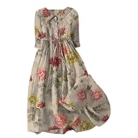 Spring Dresses for Womens Women's Casual Art Floral Print Button Midi Long Sleeve Loose Dress