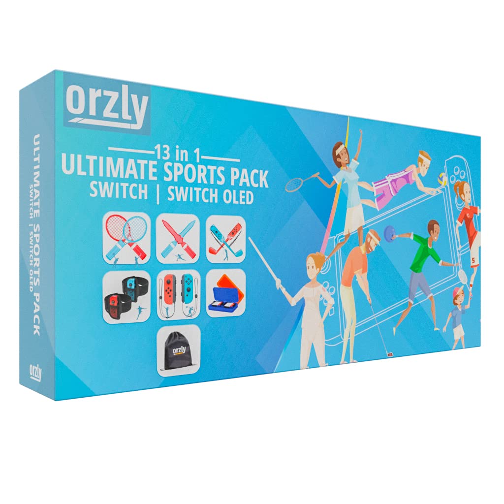 Orzly Switch Sports Games 2022 Accessories Bundle Pack for Nintendo Switch & Switch OLED with Tennis Rackets, Golf Clubs, Chambara Swords, Soccer Leg Straps & Joycon Grips - With Carry Bag