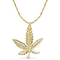 14K Yellow Gold Maple Leaves Marijuana Leaf Charm Pendant with 1.2mm Singapore Chain Necklace