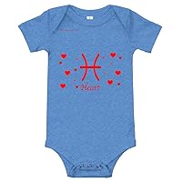Zodiac Sign Pisces Baby Onesie with Hearts Heather Columbia Blue