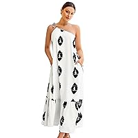 ECOWISH Womens Summer Maxi Dresses: One Shoulder Midi Dresses Boho Beach Vacation Long Sundress with Pockets