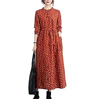 Cotton Linen Loose Women Autumn Dress Print Chinese Style Spring Office Lady Work