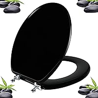 Black Round Toilet Seat Natural Wood Toilet Seat with Zinc Alloy Hinges, Easy to Install also Easy to Clean, Scratch Resistant Toilet Seat by Angol Shiold (Round, Black)
