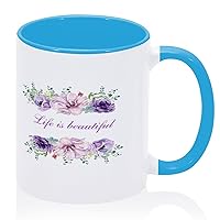 Life is Beautiful' Coffee Mug Tea Cup Blue Beautiful Wreath Greenery' Ceramic Tea Cup Funny Party Mugs Gift for Father's Cereal Beverages 11oz
